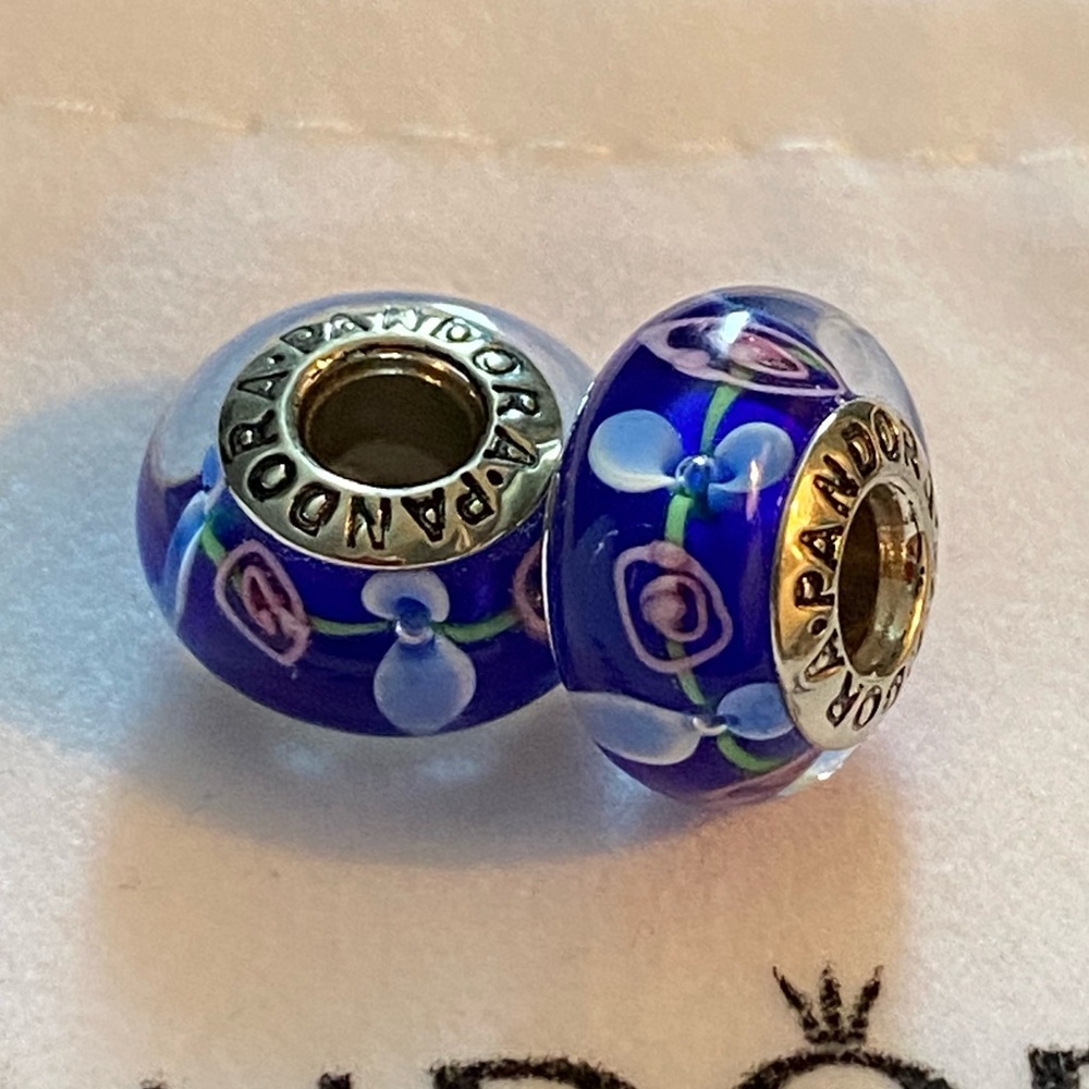 Preowned Pandora Royal Blue Floral Murano Glass Bead.